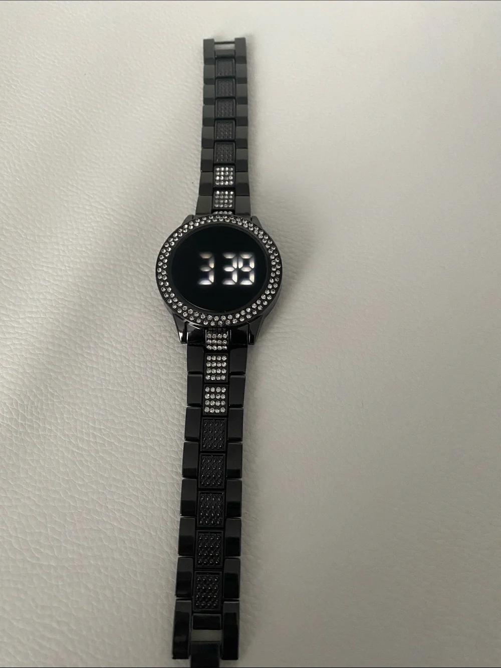 Unisex Women’s & Men Black Crystal Rhinestone Round LED Metal Strap Timer Watch